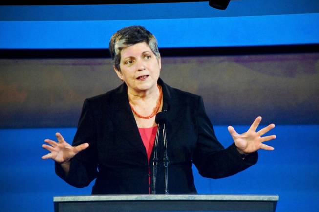 Secretary of Homeland Security Janet Napolitano speaks about advances in airport and travel security at the 2011 Travel & Tourism Summit on Thursday, May 19, 2011, at Aria in Las Vegas. 