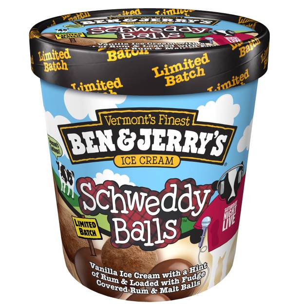Ben & Jerry's "Schweddy Balls" ice cream. The limited-edition flavor is an homage to a 1998 "Saturday Night Live" skit featuring Alec Baldwin as bakery owner Pete Schweddy.