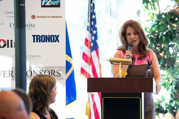 Henderson Councilwoman Debra March speaks during the Henderson Chamber of Commerce’s June networking breakfast at Wildhorse Golf Course.