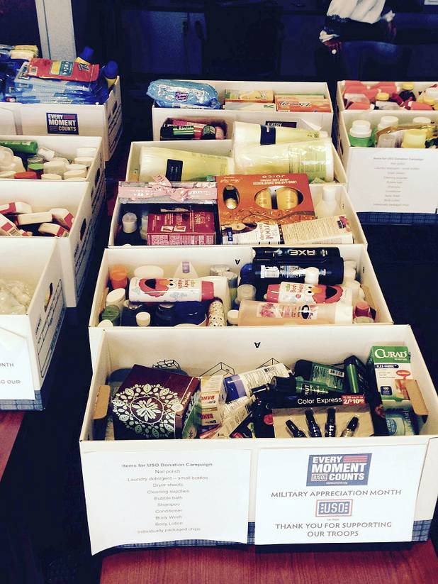 Bank of America teamed with USO Las Vegas to collect 1,229 items to fill care packages for families of deployed troops. Donated items included shampoo and conditioner, lotion, makeup, laundry detergent, dryer sheets and snacks.