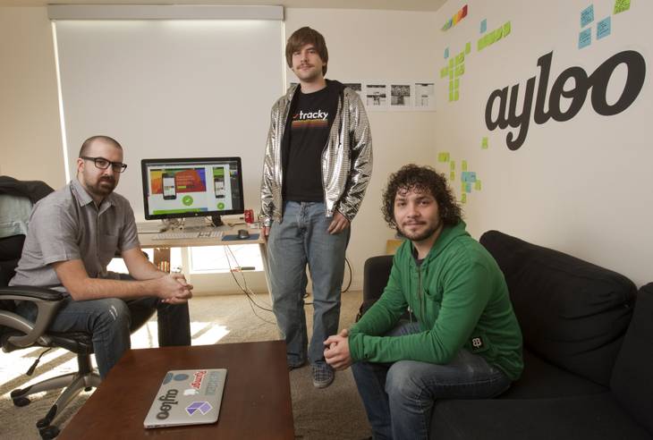 Ayloo founders Mark Johnson, left, Shaun Swanson, center, and Mark Cicoria are shown in their office at the Ogden on Tuesday, Nov. 13, 2012. Ayloo, which has not been released yet, is a mobile app that helps people organize social events.