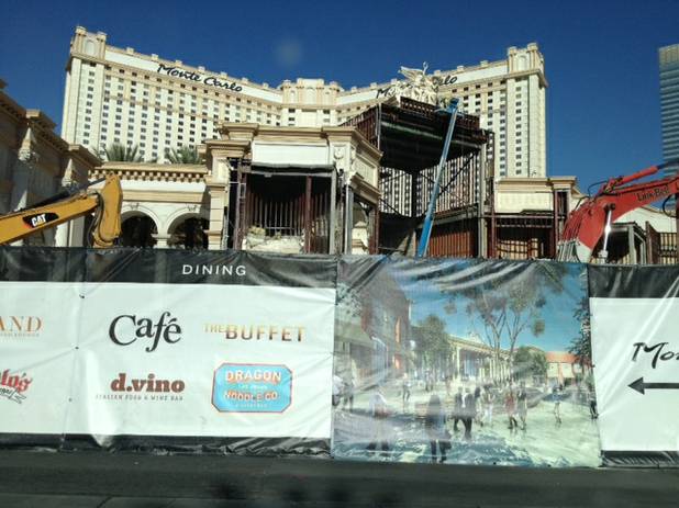Construction crews demolish the European facade and fountain of the Monte Carlo's North Entrance on June 6, 2013.