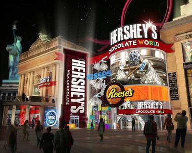 An artist’s rendering shows the exterior of Hershey’s Chocolate World at New York-New York. It is planned as part of a project to turn the sidewalk between New York-New York and the Monte Carlo into a lead-in to a planned 20,000-seat arena filled with food and entertainment.